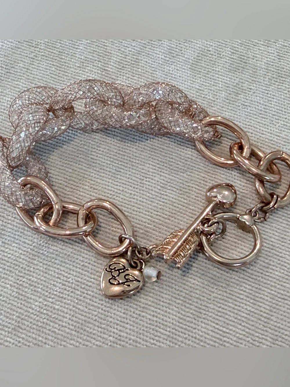 Betsey Johnson Rose Gold Braided Crystal Mesh Toggle Bracelet